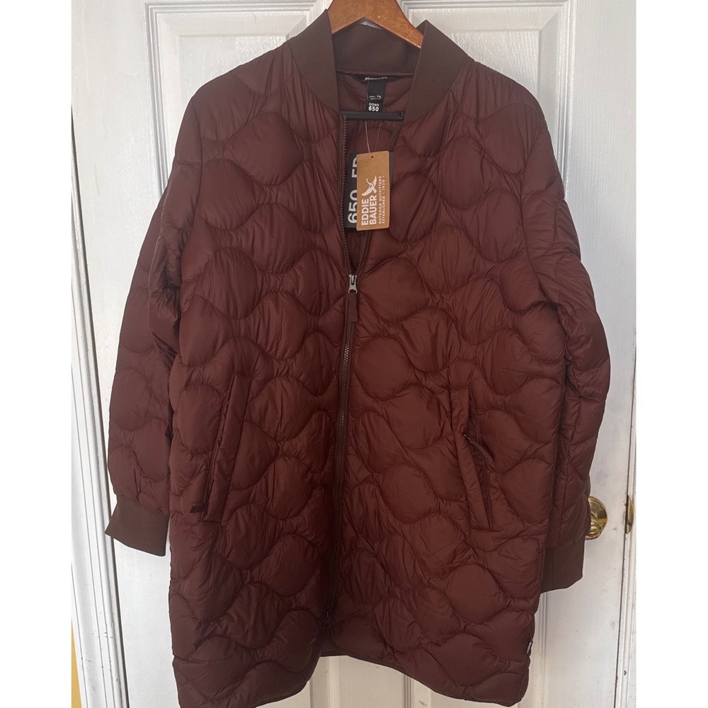 Eddie Bauer WP Shaw Down Long Bomber Jacket Concord Brown 650 Fill PXL New
